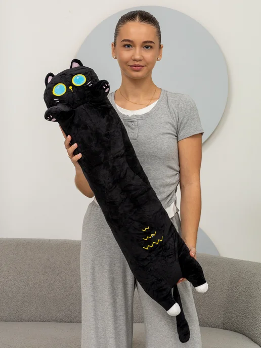 Игрушечный рай Мягкая игрушка кот батон 190 см подушка длинный, черный, фото 4
