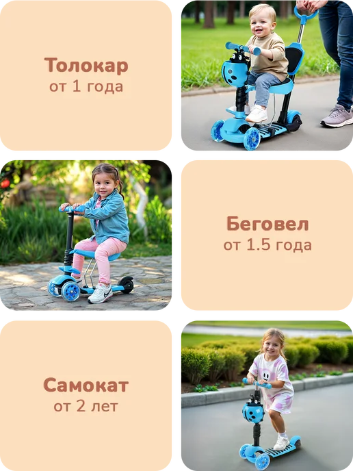 playokay Самокат детский трехколёсный 3 в 1, голубой, фото 2