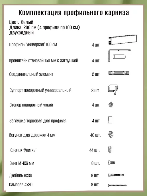 База Карнизов Карниз для штор настенный двухрядный, белый, фото 7