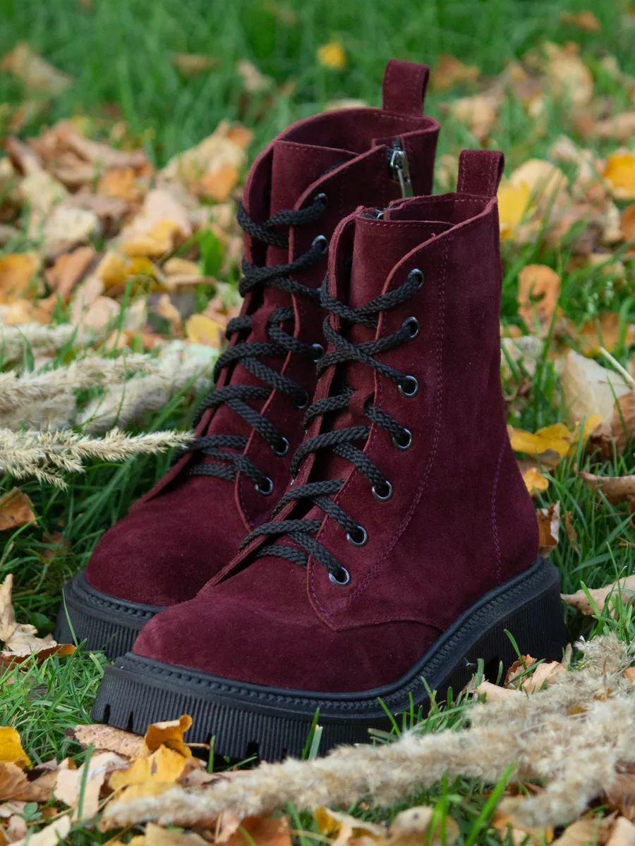 Red velvet combat store boots