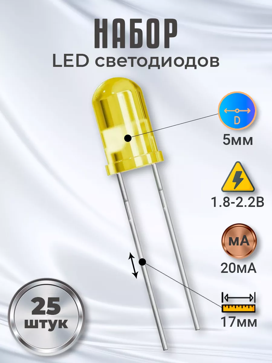 Набор светодиодов LED F5 (1.8-2.2В, 20мА, 5мм) 25шт