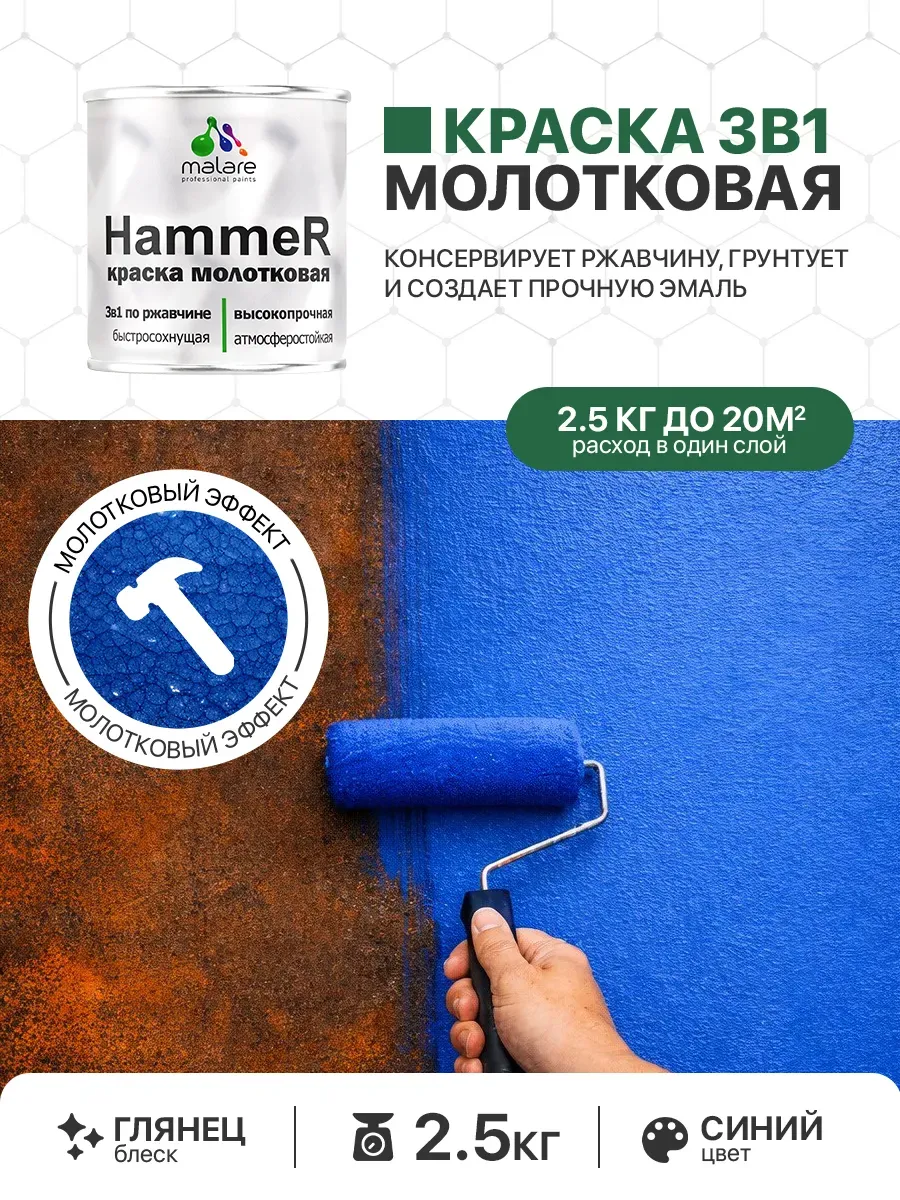 Грунт-Эмаль 3 в 1 молотковая, краска по металлу 2,5 кг