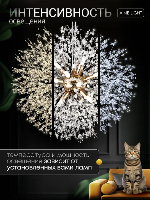 AINE Light Люстра хрустальная потолочная для гостиной в зал одуванчик, желтый, фото 4