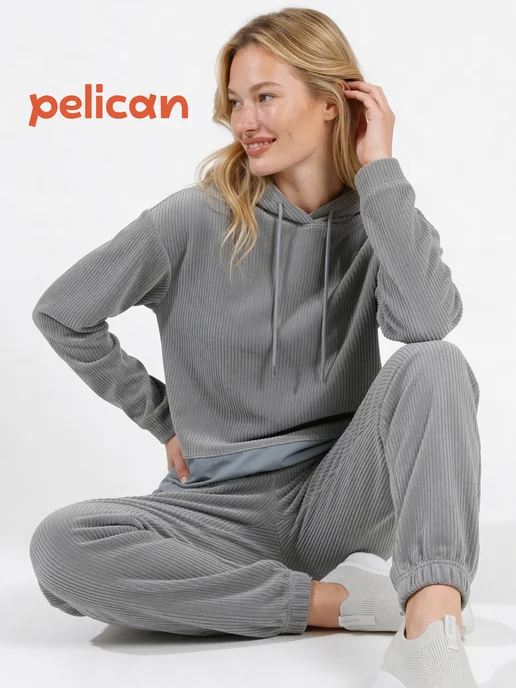 Pelican Худи с капюшоном из трикотажного вельвета, серый, фото 2