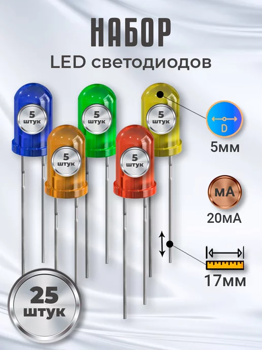 GSMIN Набор светодиодов LED F5 (20мА, 5мм) 25шт