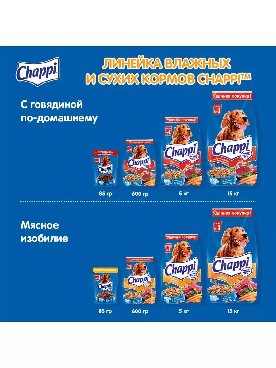 Сухой корм для собак Чаппи Мясной обед, 15 кг Chappi 176465024 купить в  интернет-магазине Wildberries