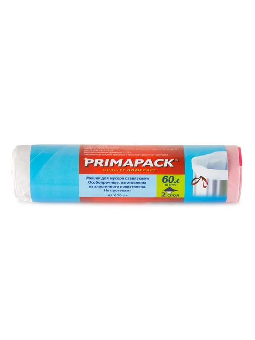 PRIMAPACK Мешки д мусора 2уп. Примапак 60л 10шт. с завязками, белые, 60 л, 10 шт, фото 2