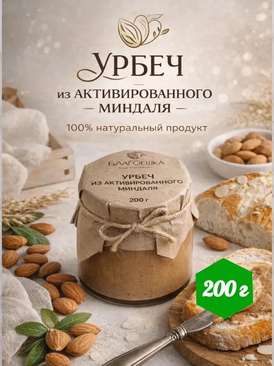 Урбеч из активированного миндаля, без сахара, 200 г