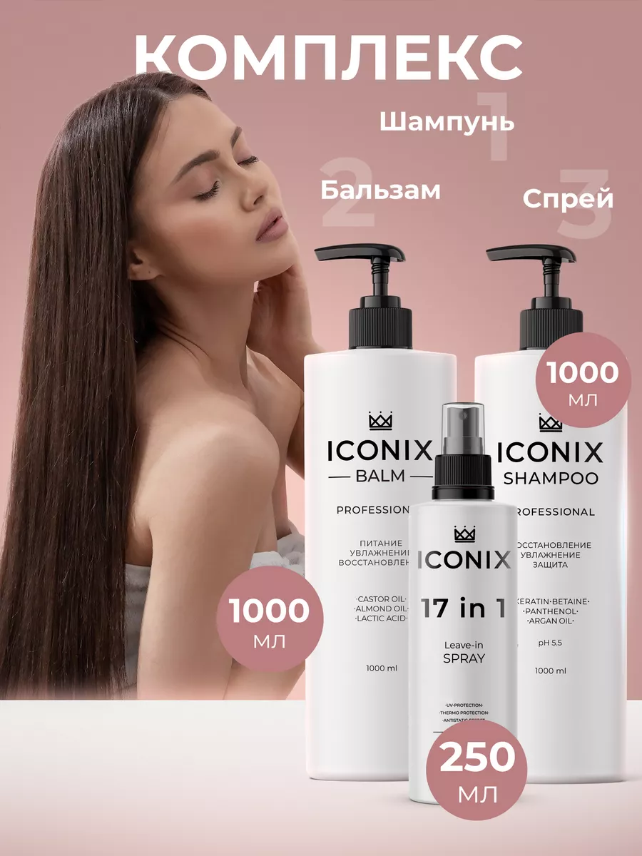 ICONIX Набор 3 в 1 шампунь бальзам спрей для волос женский