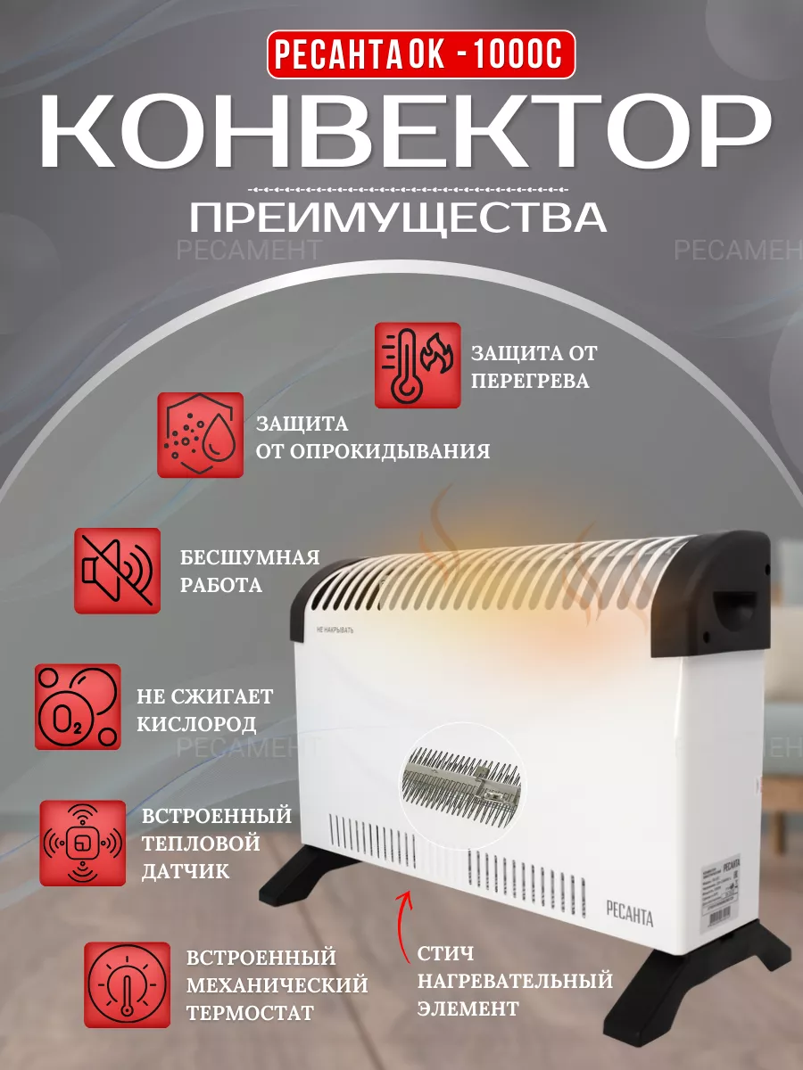 Электрический конвектор, обогреватель ОК-1000С (стич) Ресанта 178031258  купить за 2 190 ₽ в интернет-магазине Wildberries