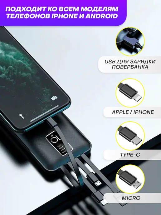 JUBICELL пауэрбанк для телефона power bank 10000mah с проводами, 10000 мАч, фото 5
