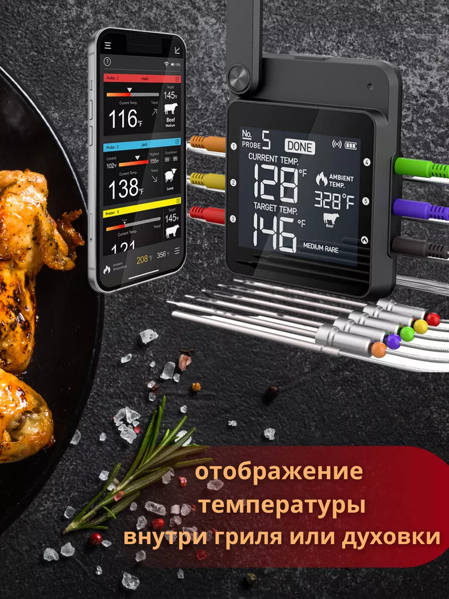 Термометр кулинарный электронный Wi-Fi с 6 щупами Prime Grill 178141341  купить за 6 413 ₽ в интернет-магазине Wildberries