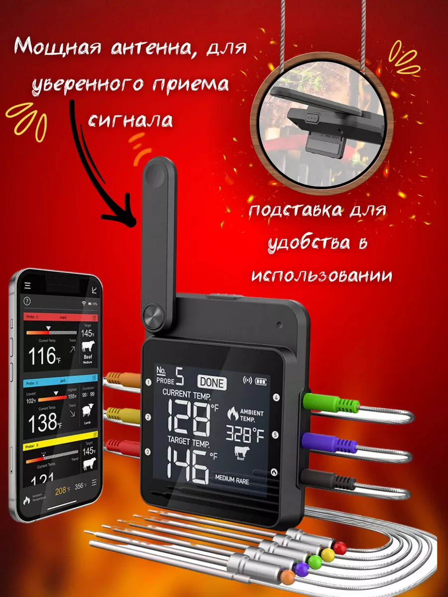 Термометр кулинарный электронный Wi-Fi с 6 щупами Prime Grill 178141341  купить за 6 413 ₽ в интернет-магазине Wildberries