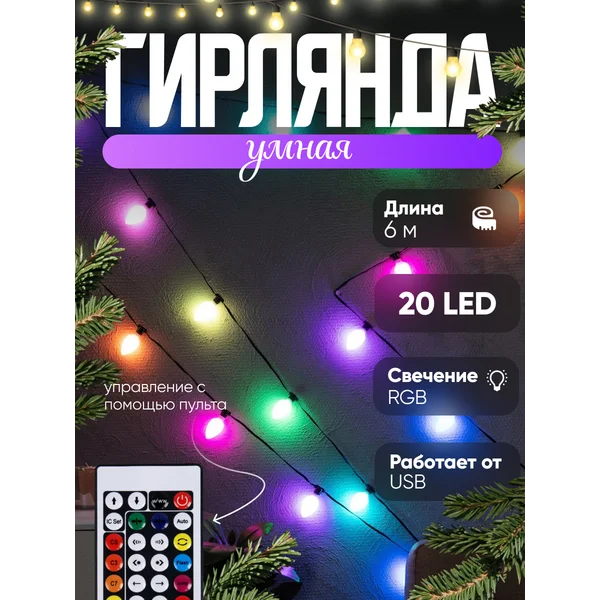 Гирлянда умная на елку новогодняя с пультом
