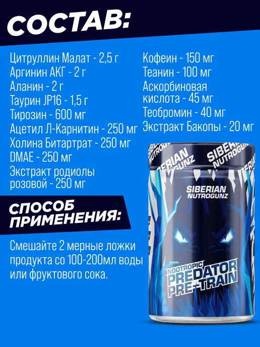SIBERIAN NUTROGUNZ Предтренировочный комплекс Pre-train Nootropic 225 гр, 225 г, фото 2