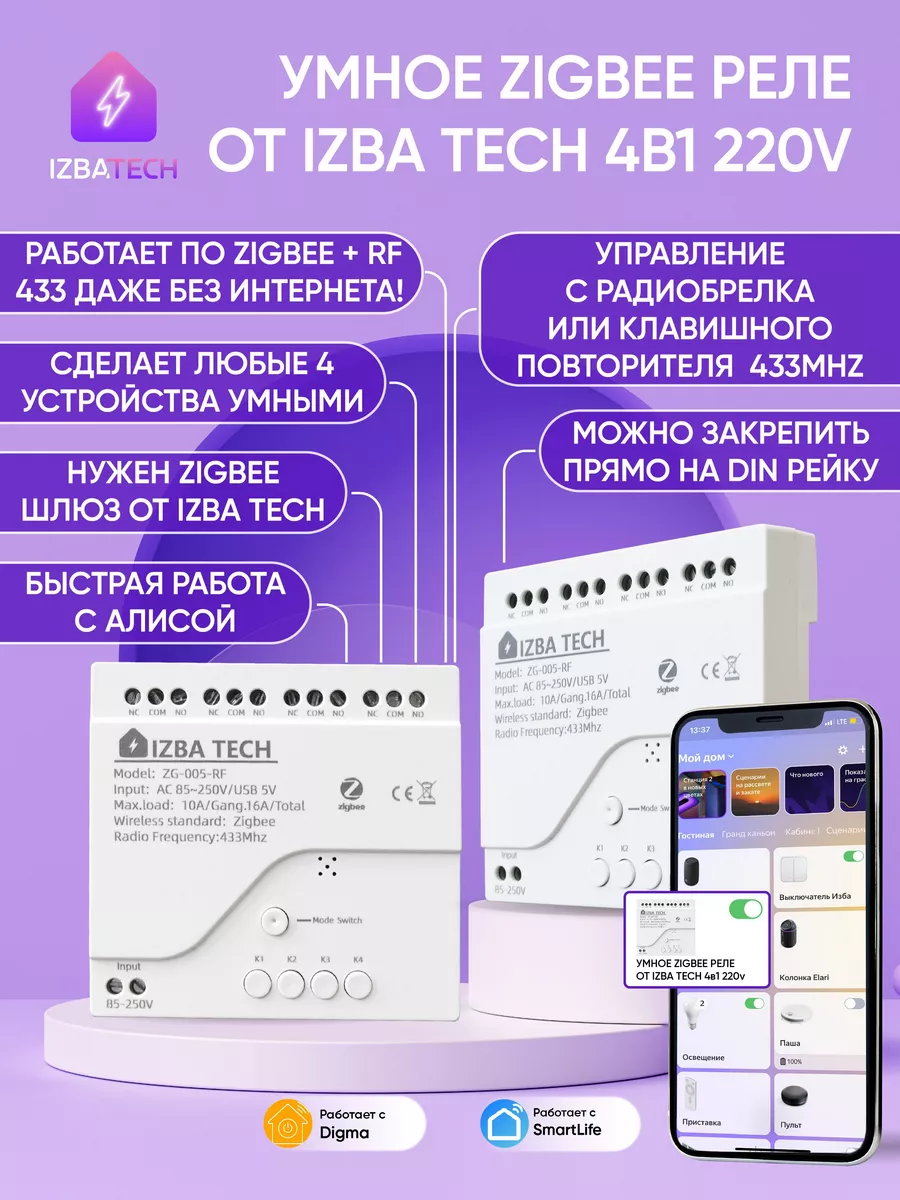 Умное ZIGBEE реле четырехканальное для Яндекс Алисы Izba Tech - Умный дом  178313006 купить в интернет-магазине Wildberries