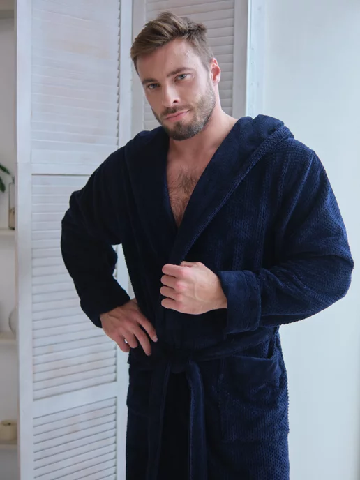 VIEN Халат мужской махровый с капюшоном длинный PREMIUM, синий, фото 2