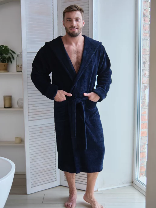 VIEN Халат мужской махровый с капюшоном длинный PREMIUM, синий, фото 3