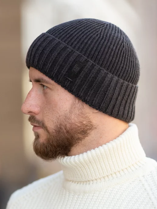 JB casual Шапка бини трикотажная шерстяная, черный