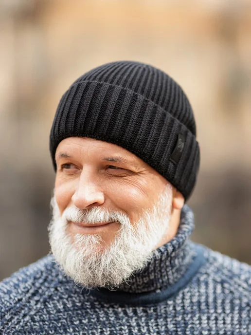 JB casual Шапка бини вязаная с отворотом шерстяная, черный