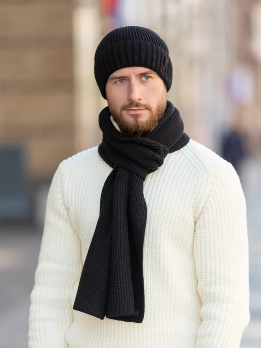JB casual Шапка бини вязаная с отворотом шерстяная, черный, фото 6