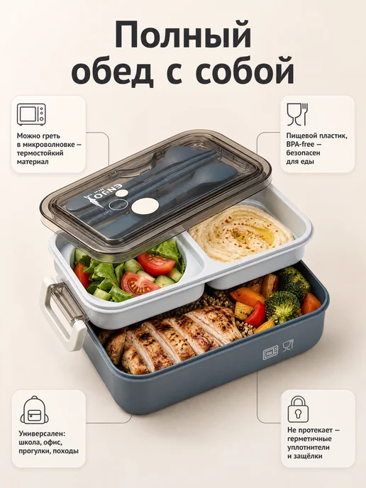 StarPro Ланч-бокс с отделениями для еды двухуровневый 1250мл, 1250 мл, фото 3