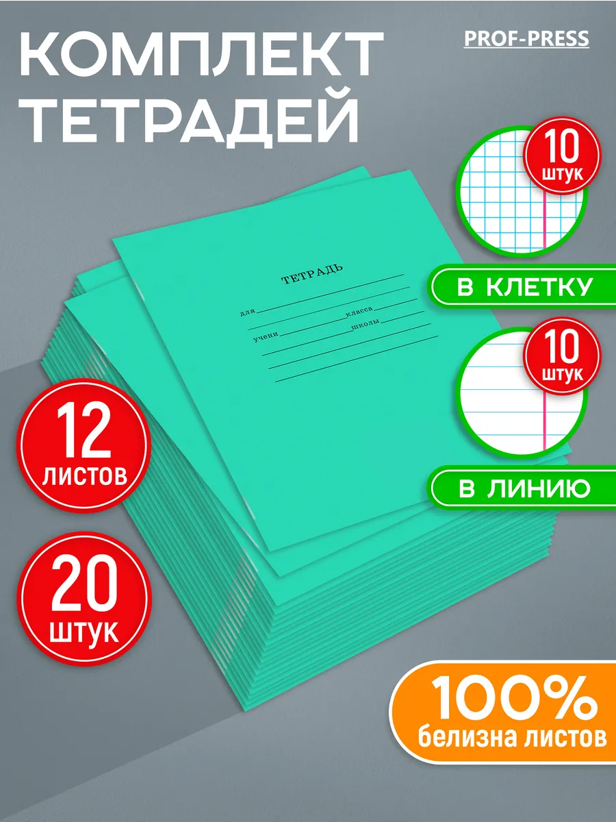 Тетрадь в клетку и линейку 12 листов 20 штук