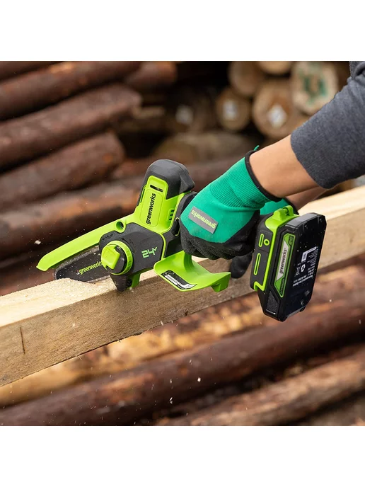 Greenworks Пила аккумуляторная садовая 24V, 10см, АКБ 2Ач и ЗУ, зеленый, фото 3
