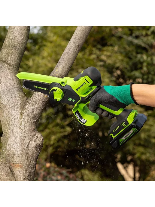 Greenworks Пила аккумуляторная садовая 24V, 10см, АКБ 2Ач и ЗУ, зеленый, фото 4