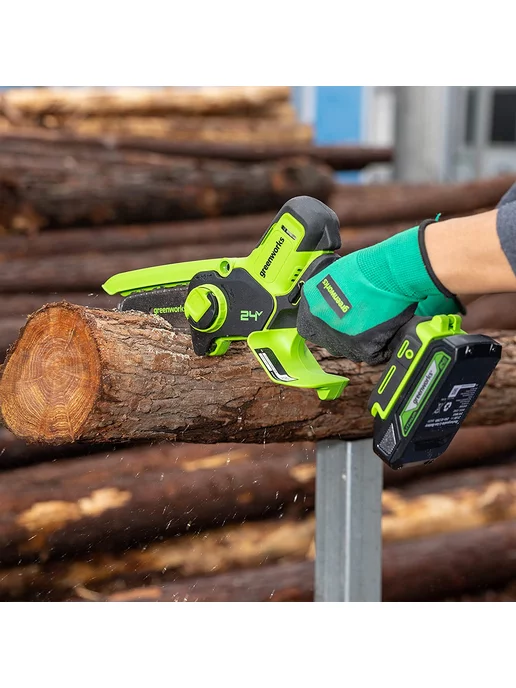 Greenworks Пила аккумуляторная садовая 24V, 10см, АКБ 2Ач и ЗУ, зеленый, фото 5