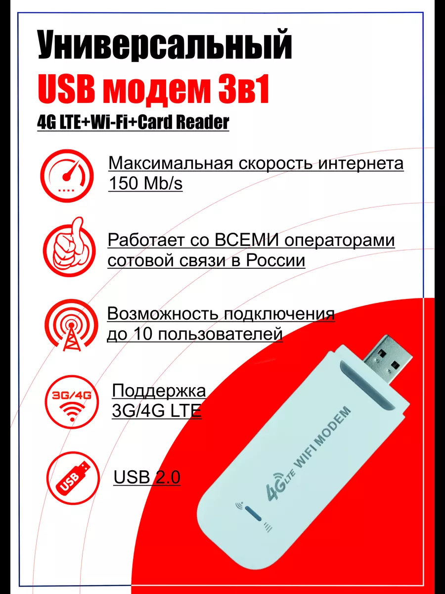 Универсальный USB модем 4G LTE + WI-FI роутер 3в1