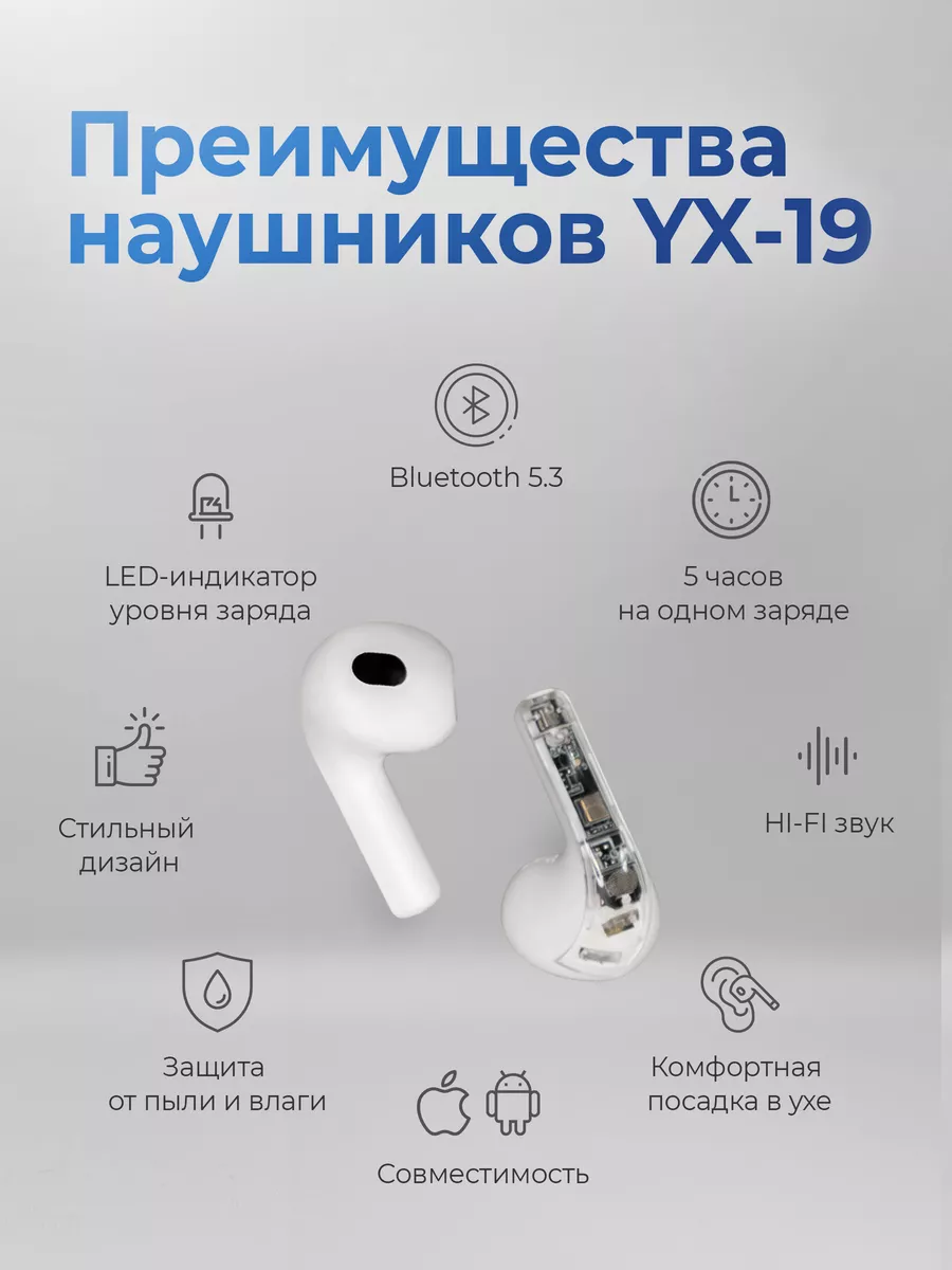 Наушники беспроводные для iPhone Android с микрофоном блютуз YX-19  179579794 купить за 1 020 ₽ в интернет-магазине Wildberries