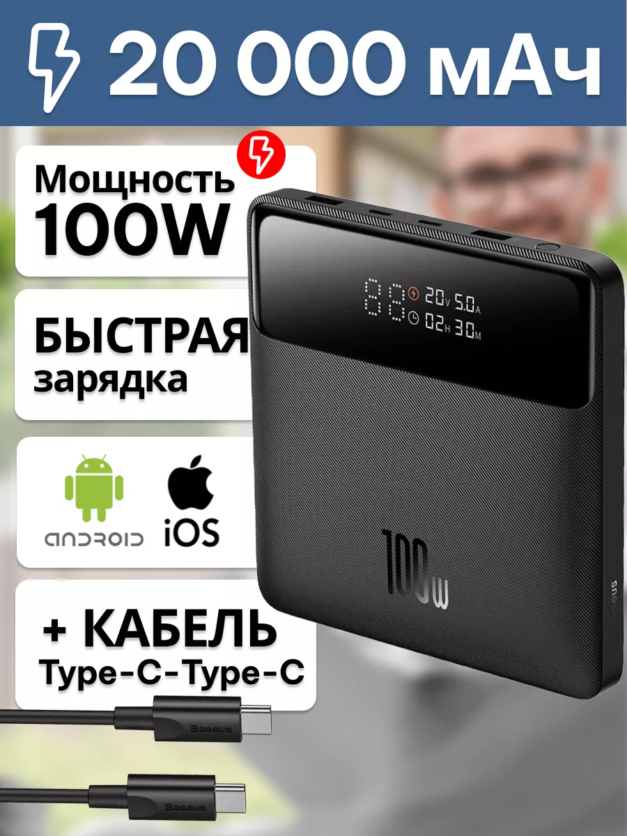 Повербанк 20000mAh 100W быстрая зарядка и дисплей BASEUS 179726029 купить за 7 098 ₽ в интернет-магазине Wildberries