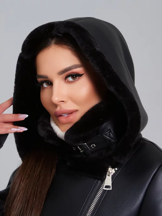 JOYFORYOU Авиатор дубленка зимняя, черный, фото 5