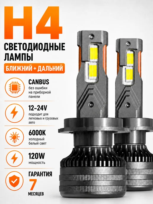 tut.deshevo.has Светодиодные лампы H4 для авто, с обманкой Canbus 2 шт, 2 шт