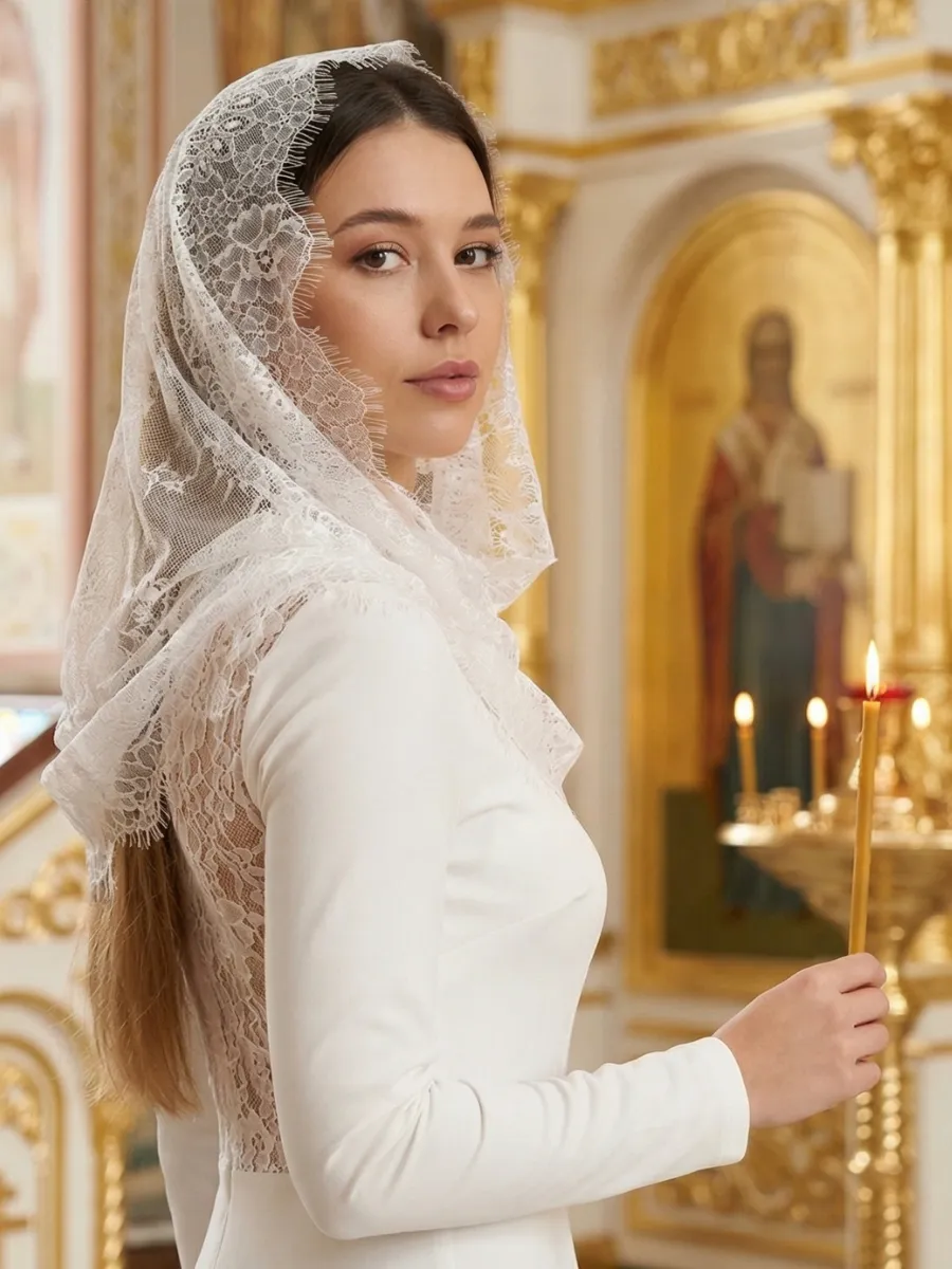 Церковный кружевной платок для храма ниспадающий