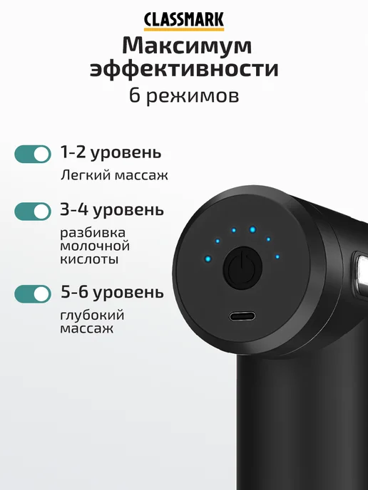 Classmark Перкуссионный массажер пистолет для тела, спины, ног и шеи, черный, фото 3
