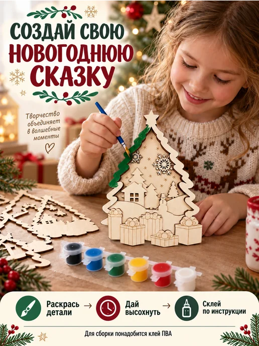DecoKids Новогодняя 3d раскраска антистресс из дерева Ёлочка, вариант, фото 2