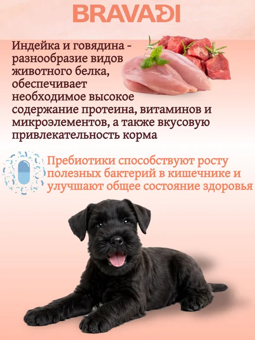 Сухой корм BRAVADI Пребиотики для собак, щенки, говядина, индейка, 12 кг, фото 3