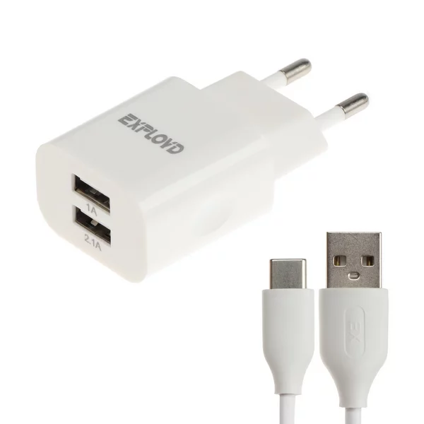 Сетевое зарядное устройство 2 USB, 3.1 А, кабель Type-C