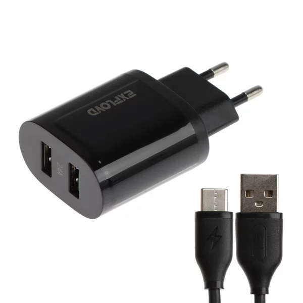 Сетевое зарядное устройство 2 USB, 2.4 А, кабель Type-C