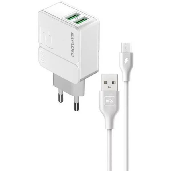 Сетевое зарядное устройство 2 USB, 2.4 А, кабель microUSB
