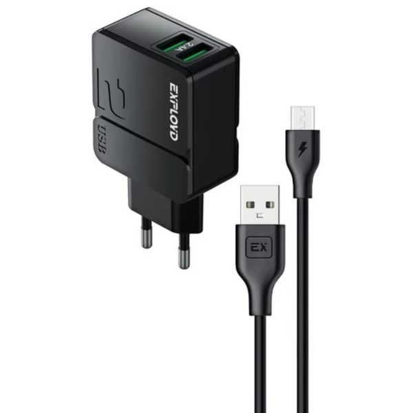 Сетевое зарядное устройство 2 USB, 2.4 А, кабель microUSB