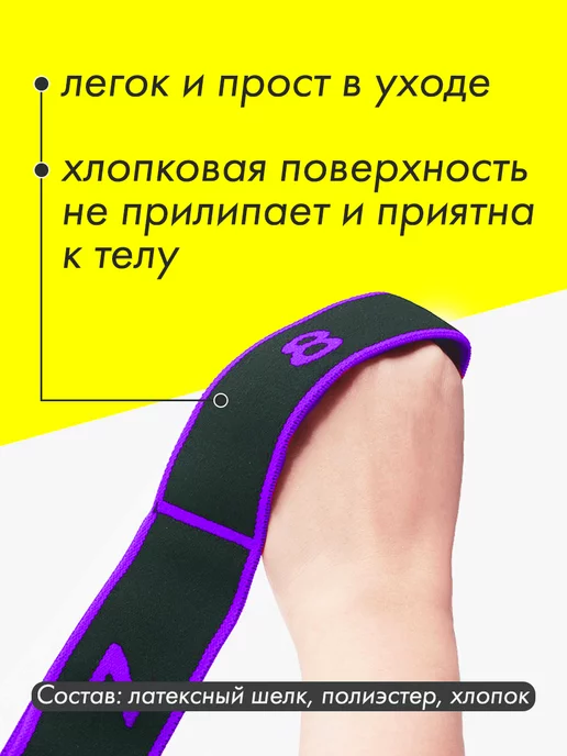 Товары для спорта Резинка для растяжки фитнеса гимнастическая с петлями 90х4см, фиолетовый, фото 4