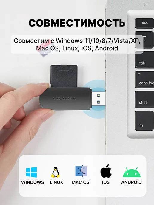 VENTION Картридер USB 3.0 (SD+TF) Черный CLGB0, черный, фото 3