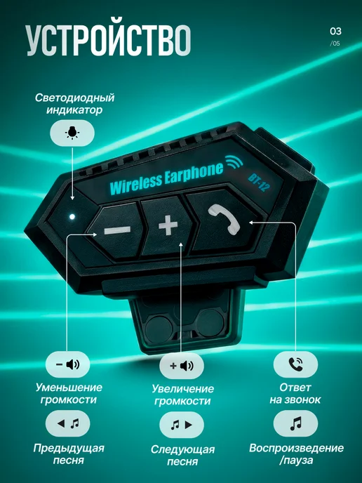 Сейдж Мотогарнитура с микрофоном bluetooth на шлем, черный, фото 3