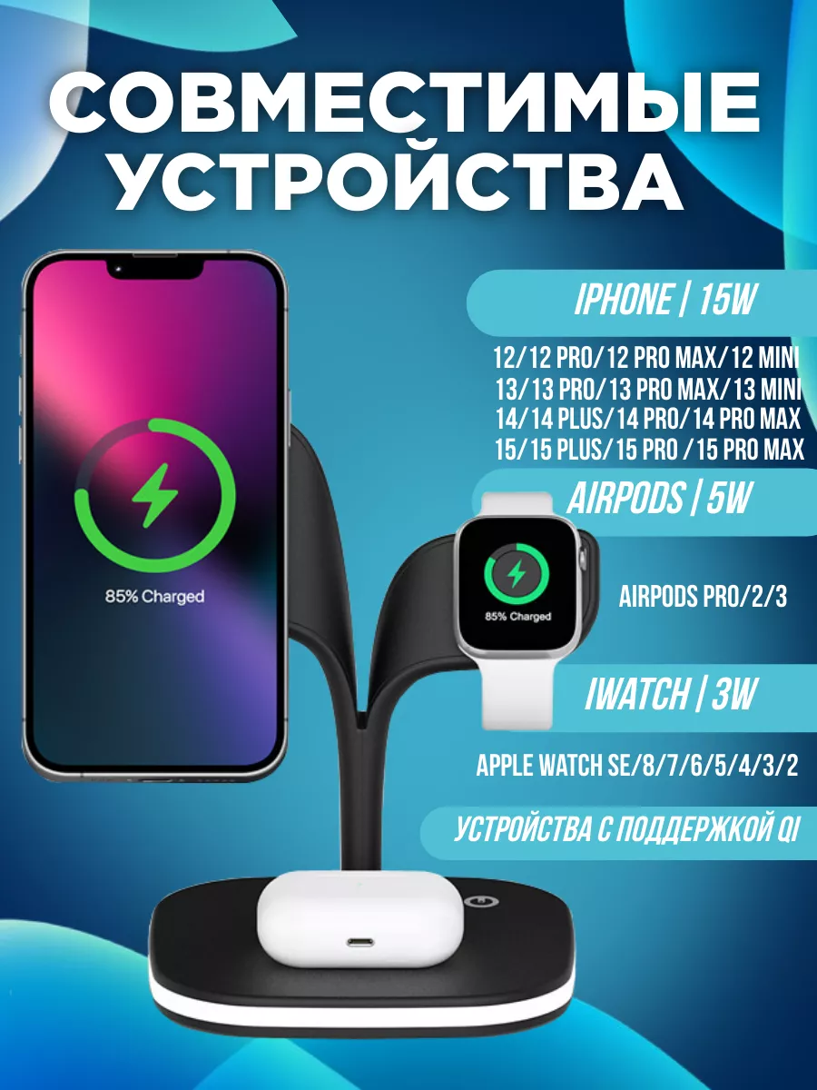 Беспроводная зарядка iPhone 5 в 1 с подсветкой box69.ru 180903595 купить за  1 521 ₽ в интернет-магазине Wildberries