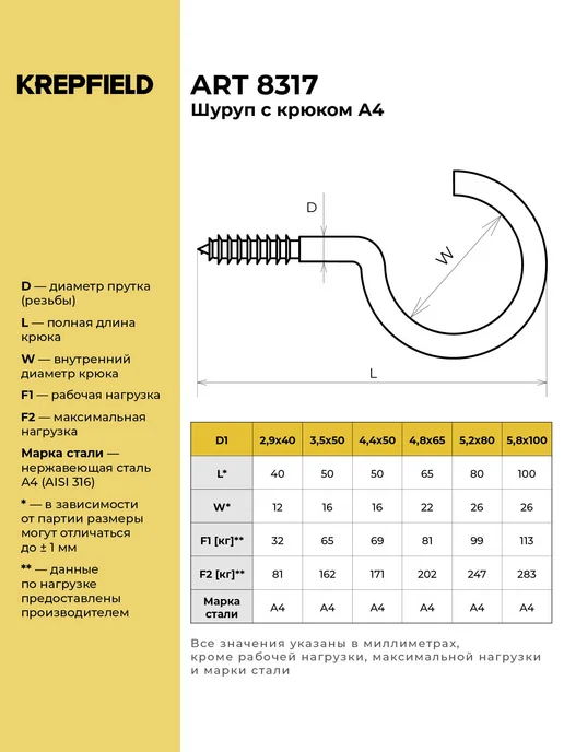 KREPFIELD Шуруп с крюком Нержавеющий 2,9x40 А4 1 шт, 1 шт, фото 2