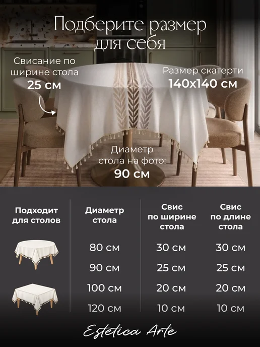 ESTETICA ARTE Скатерть на круглый стол тканевая водоотталкивающая 140х140, 140x140, фото 7