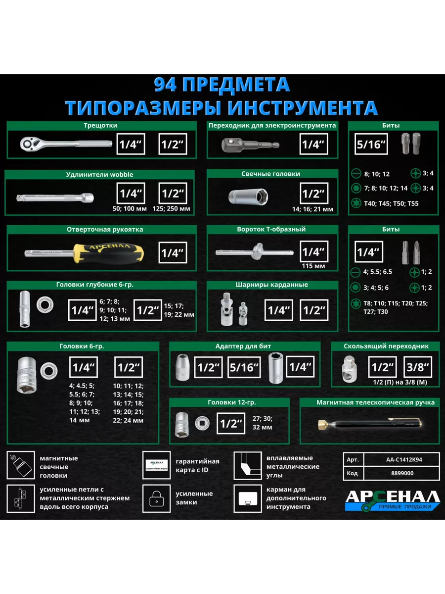 Набор инструментов 94 предмета Арсенал 181117997 купить за 6 641 ₽ в  интернет-магазине Wildberries